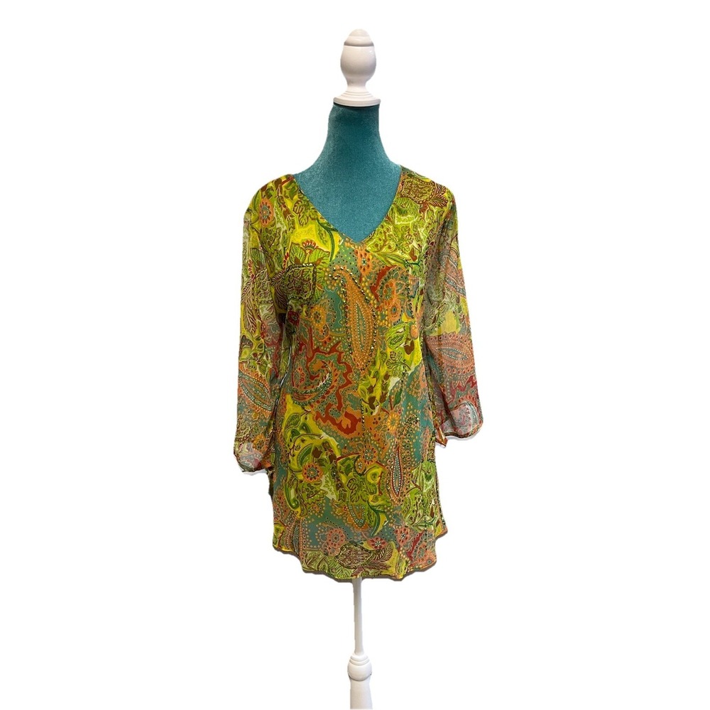 Signature Sequined Boho Floral Paisley Tunic Blouse 1X Forest Fairy Maximalist